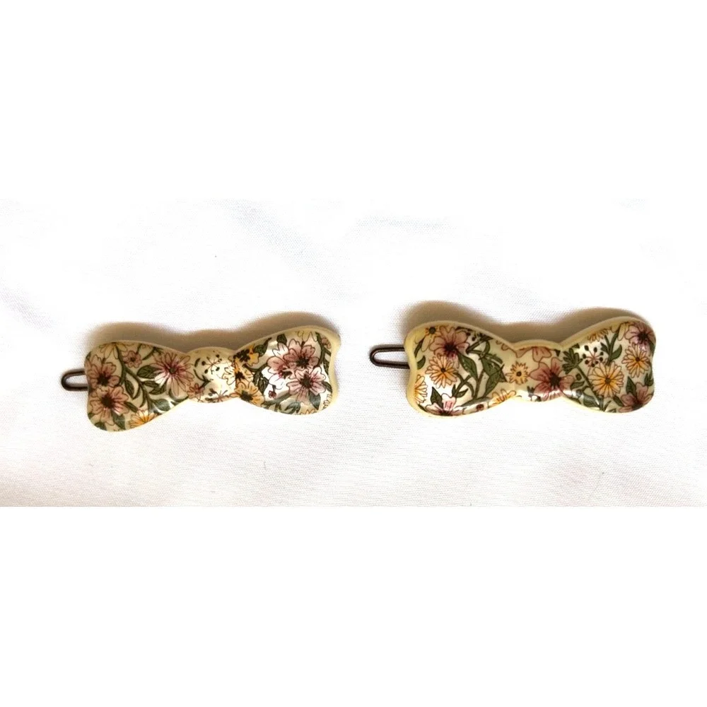 Vintage Made France Hair Barrettes Pair Bow Clips Pearl Sheen Cream Tige Boule